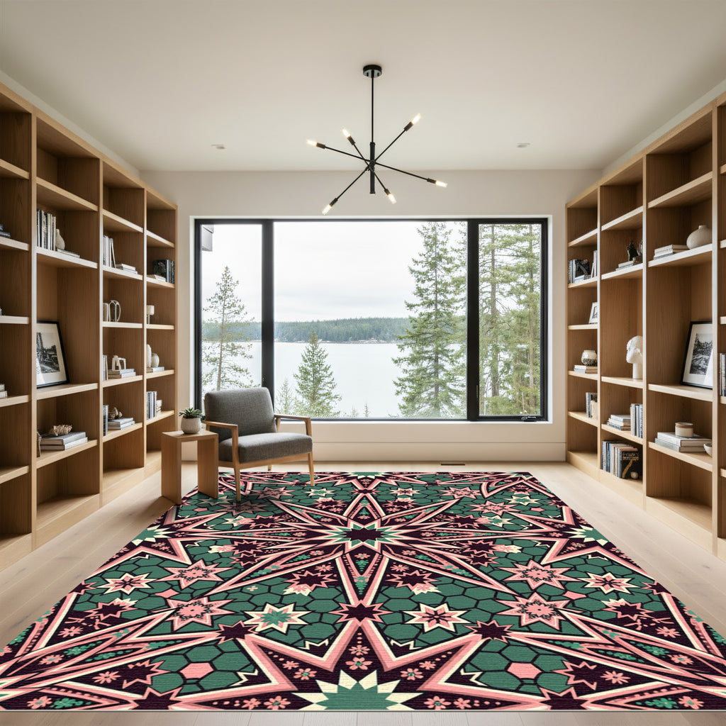 Pink Green Starburst Geometric Rug