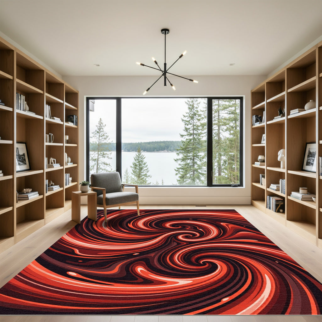 Vibrant Crimson Abstract Swirl Rug