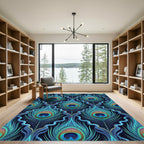 Opulent Teal Peacock Feather Damask Rug
