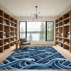 Modern Blue Abstract Geometric Ocean Wave Rug
