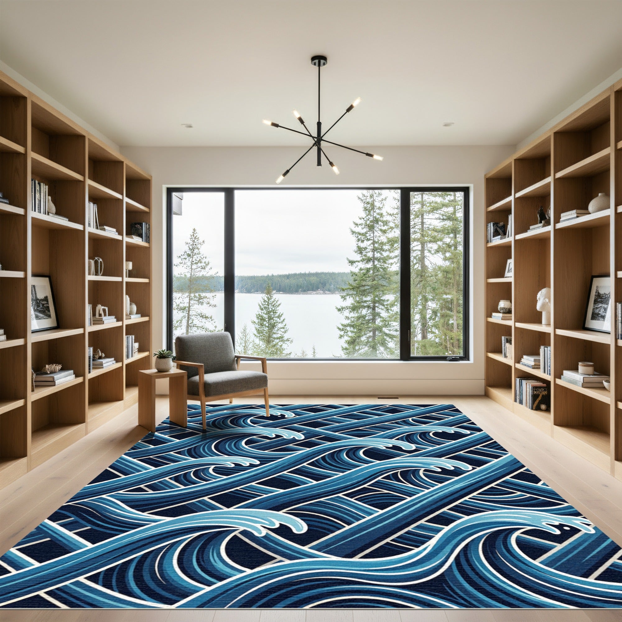 Modern Blue Abstract Geometric Ocean Wave Rug