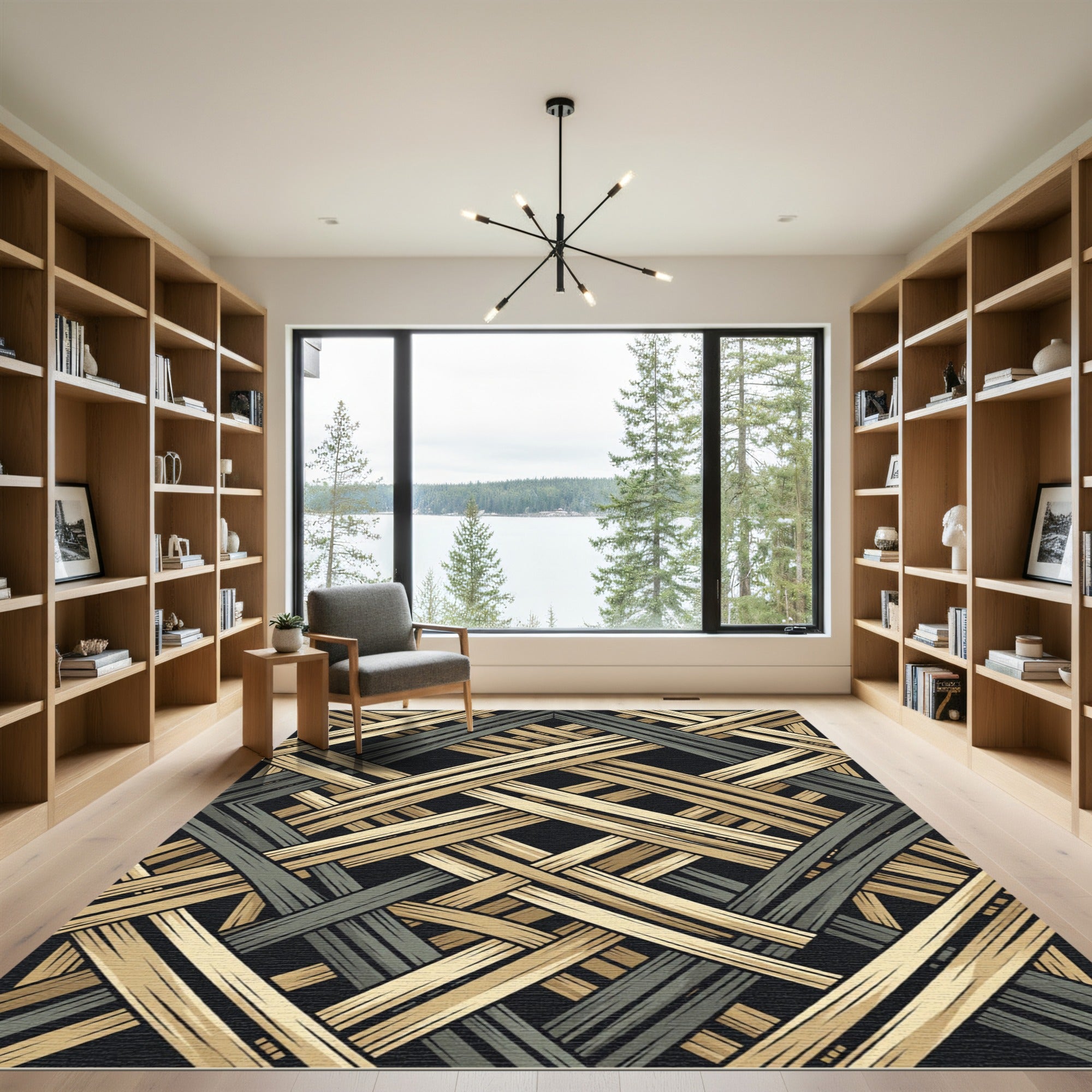 Interlocking Gold and Charcoal Geometric Lines Rug