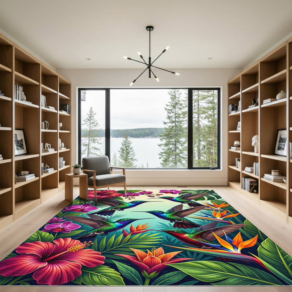 Vibrant Tropical Hummingbird Floral Oasis Rug