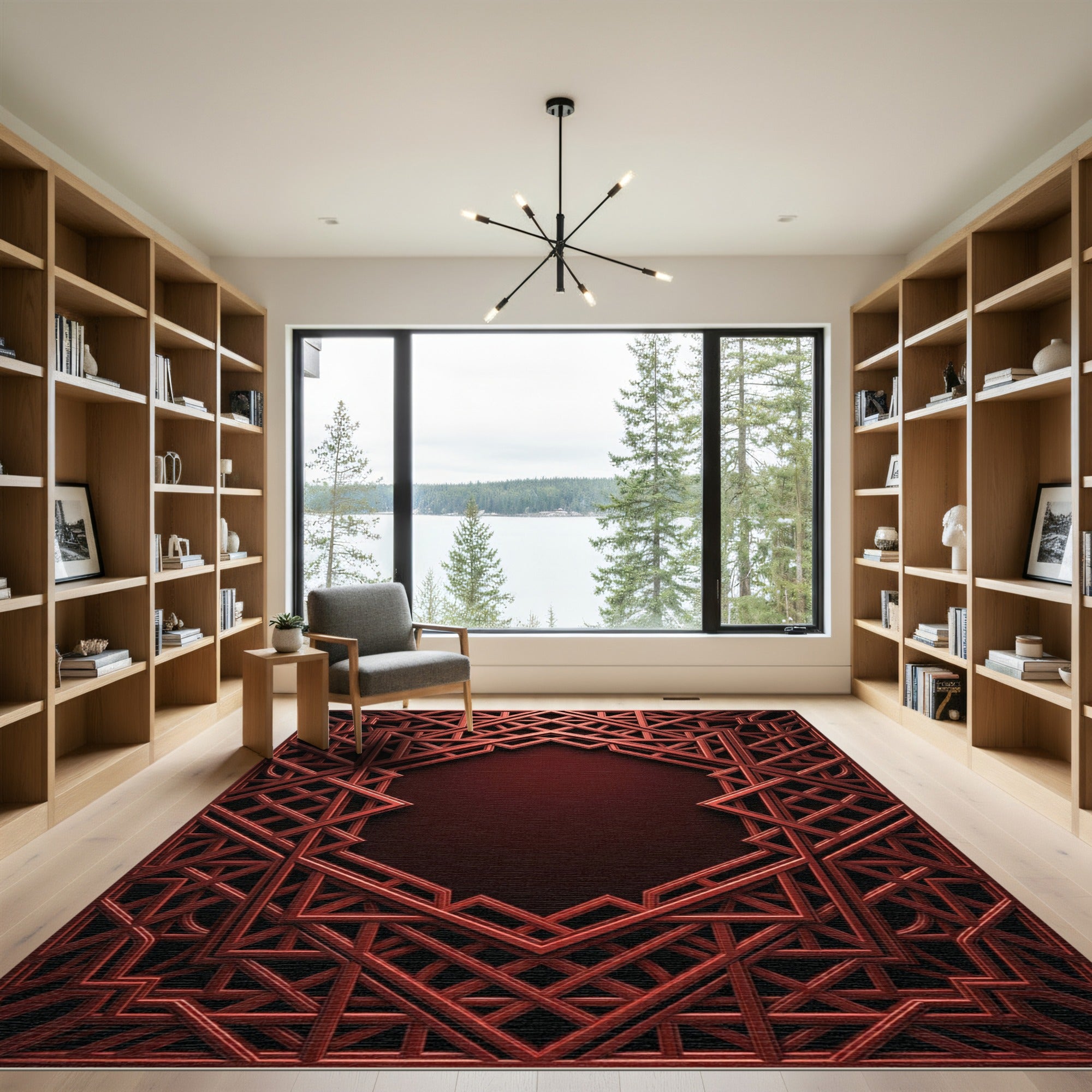 Rich Crimson Intricate Geometric Frame Rug