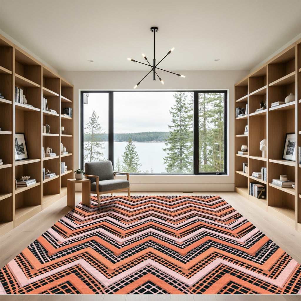 Modern Peach and Blush Chevron Grid Rug