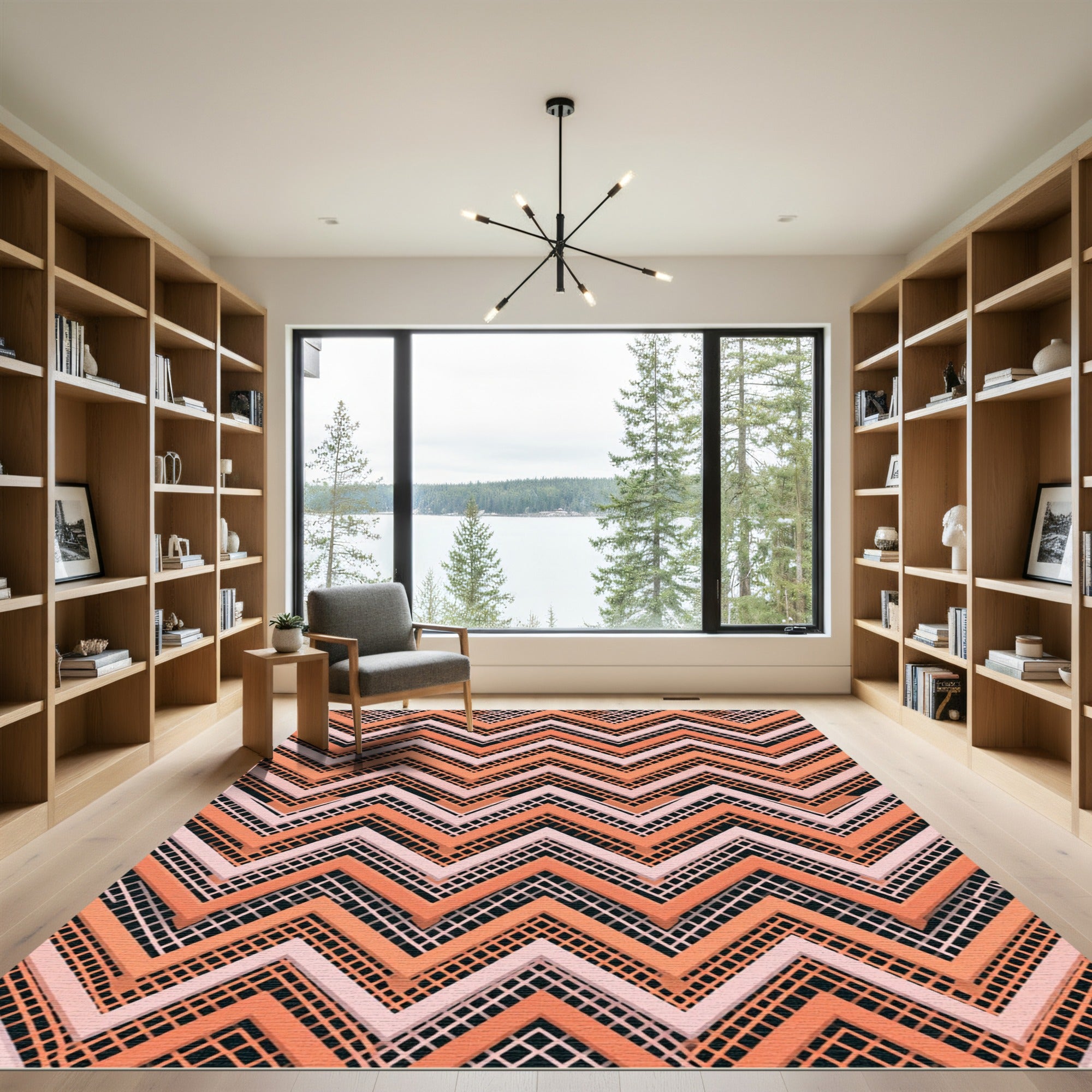 Modern Peach and Blush Chevron Grid Rug