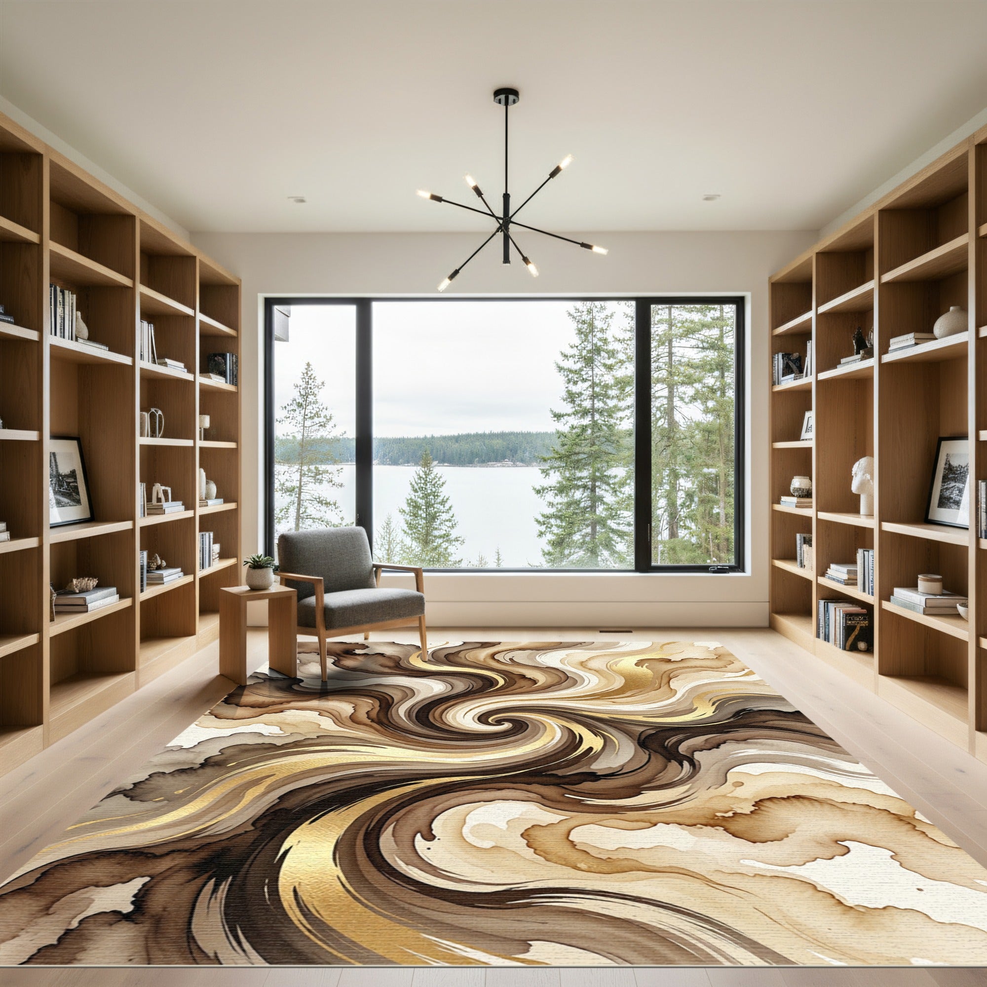 Abstract Gold and Brown Swirl Rug