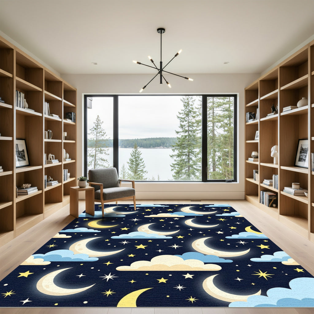 Dreamy Crescent Moon and Stars Night Rug