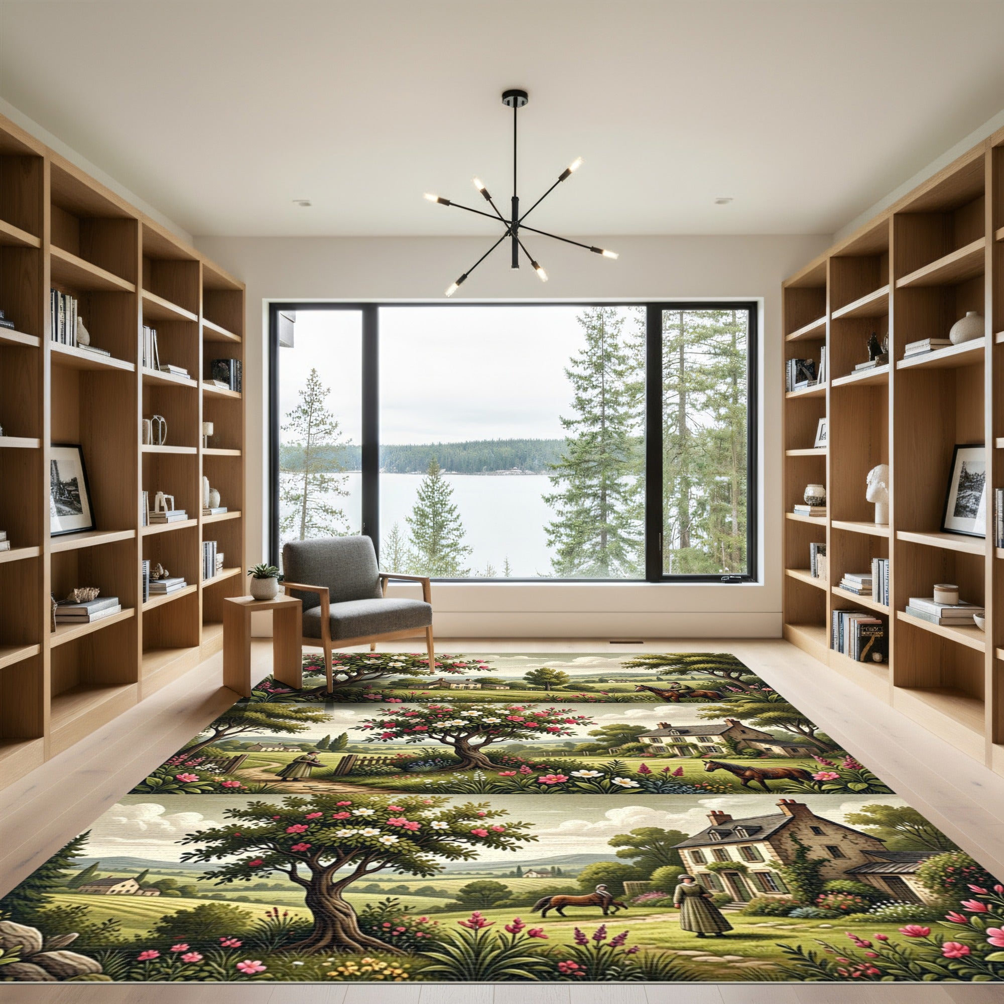 Pastoral Pink Floral Cottage Landscape Rug
