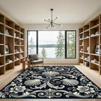Elegant Monochrome Baroque Shell Scroll Rug