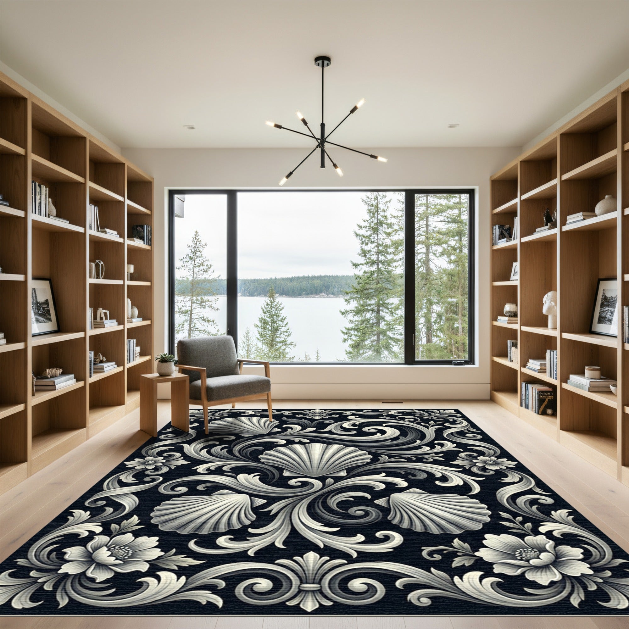 Elegant Monochrome Baroque Shell Scroll Rug