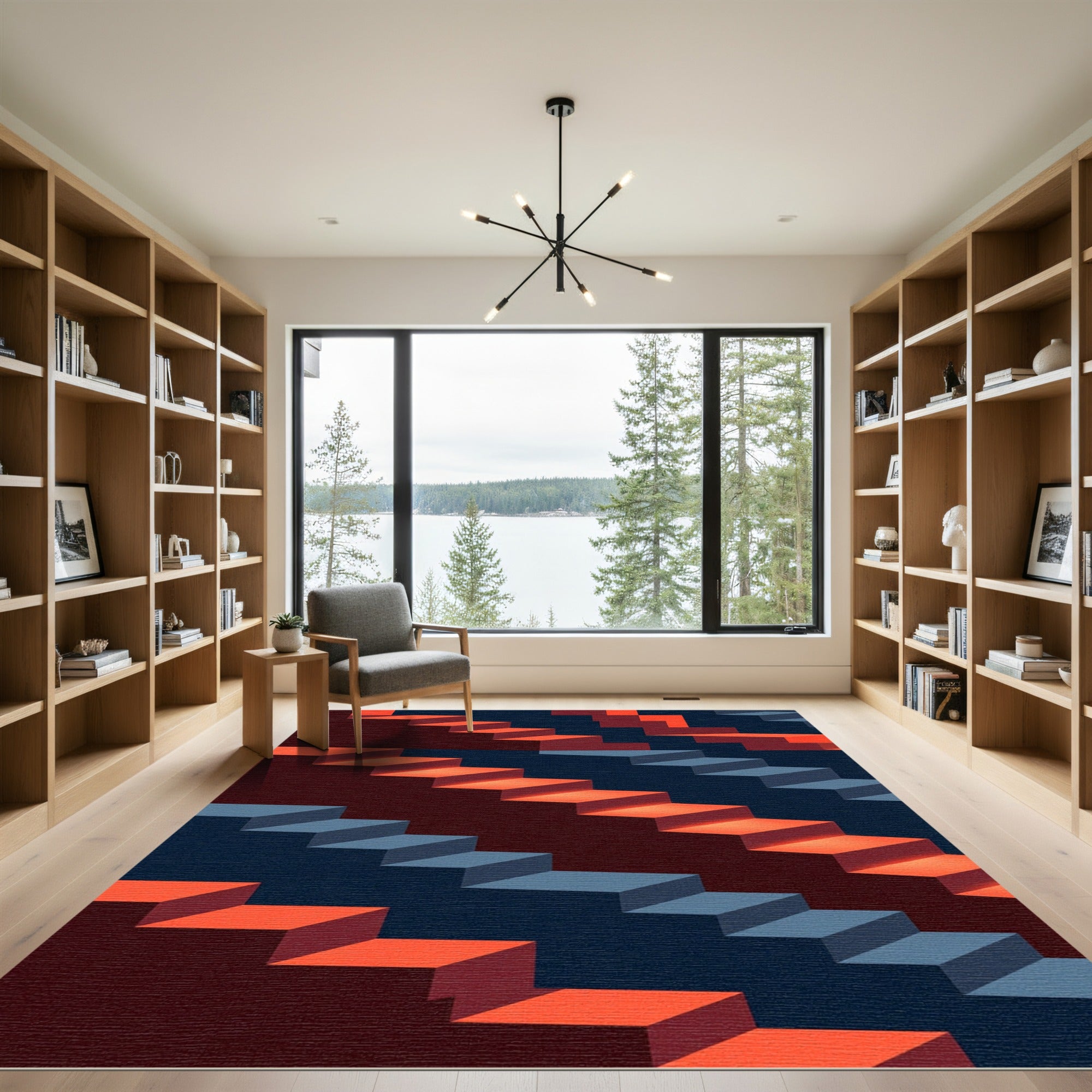 Red Blue Geometric Staircase Composition Rug