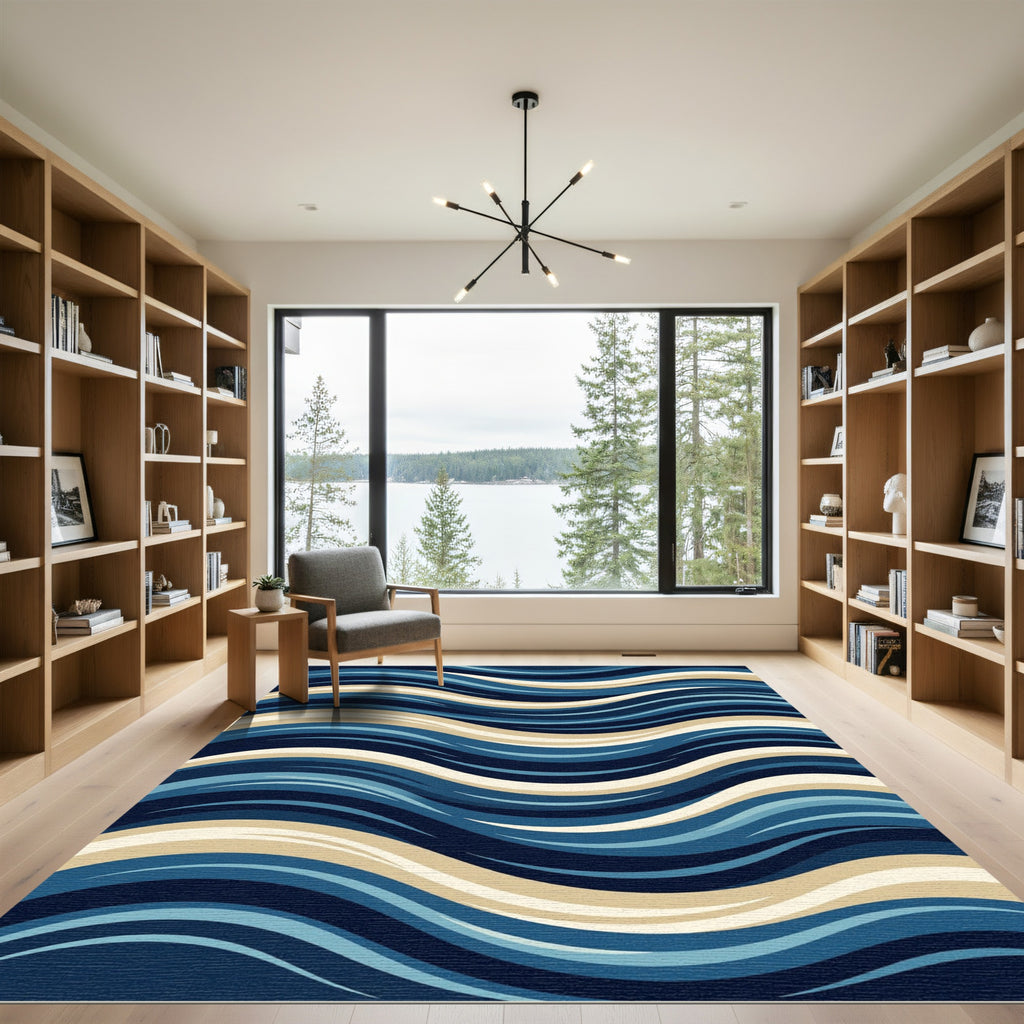 Modern Navy and Cream Abstract Waves Rug
