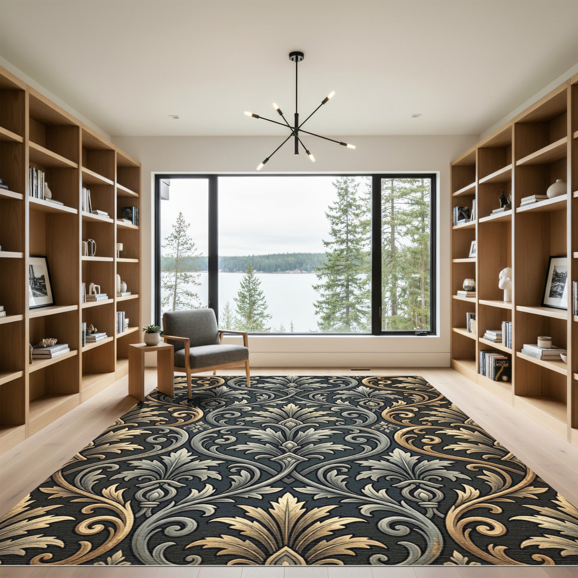 Ornate Silver and Gold Acanthus Scroll Rug