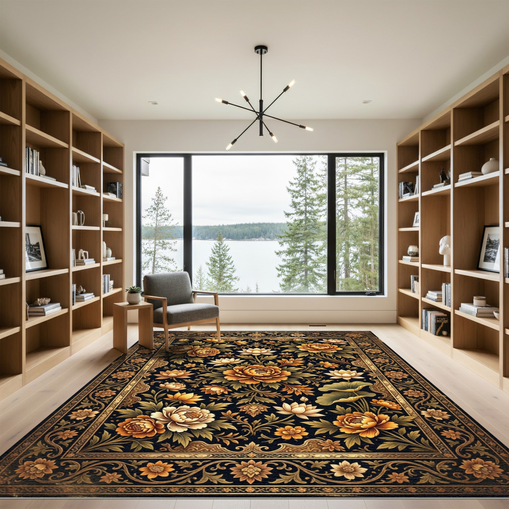 Golden Orange Floral Medallion Dark Rug