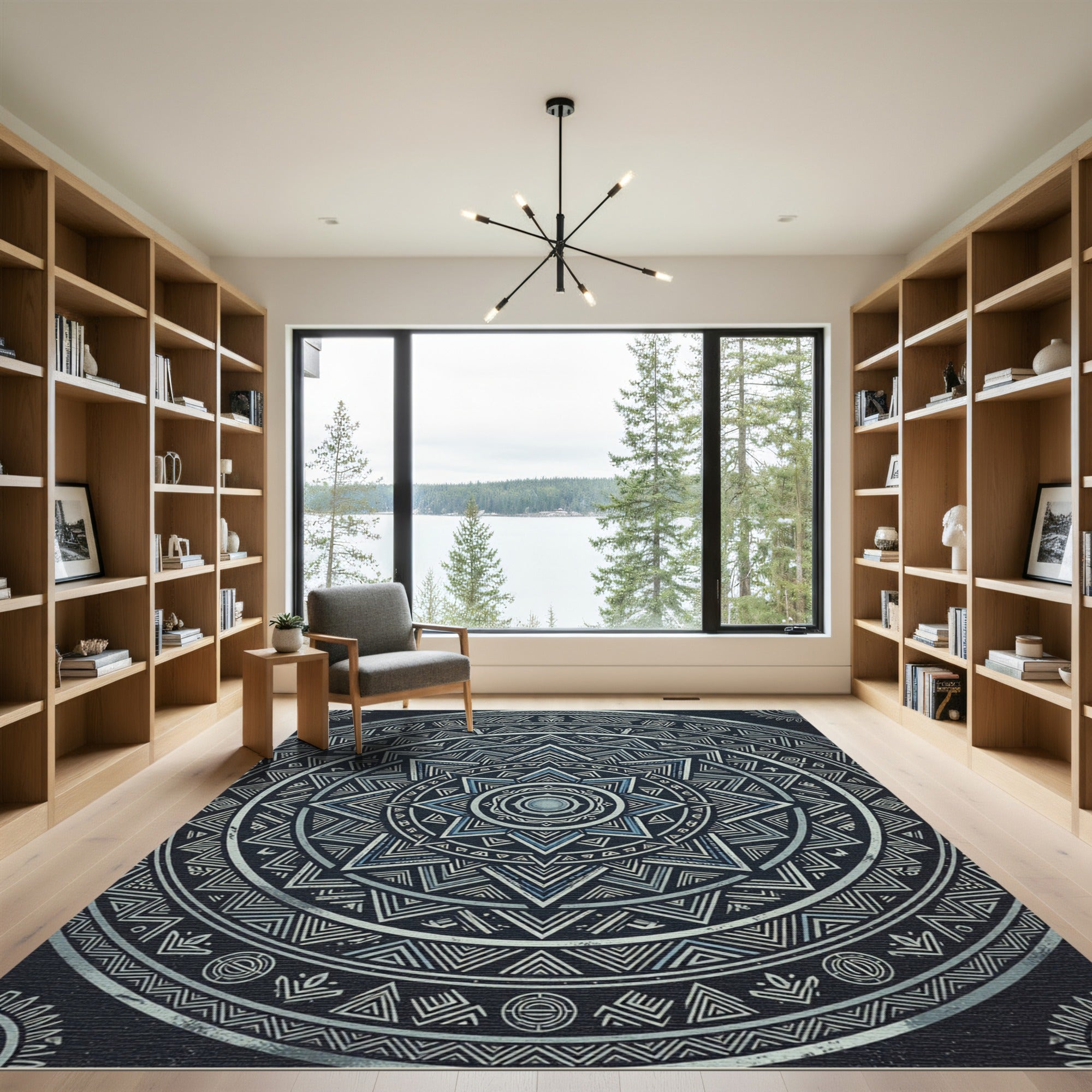 Midnight Blue Geometric Star Mandala Rug