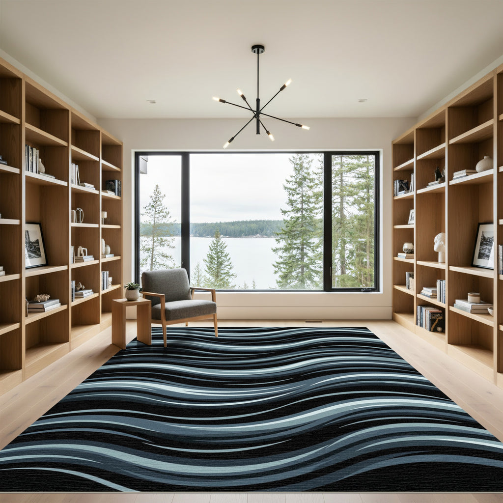 Dark Gray Wavy Stripe Abstract Rug