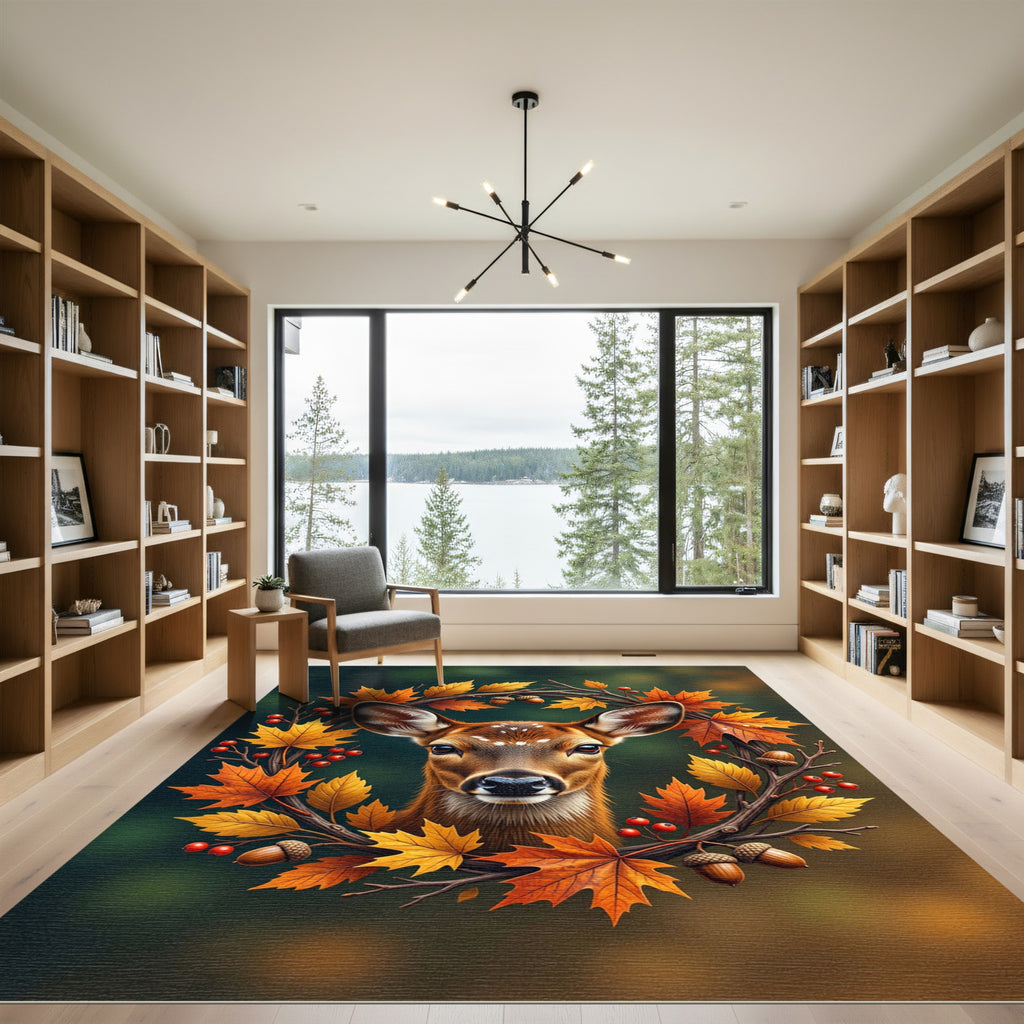 Autumn Deer Wreath with Golden Leaves Rug