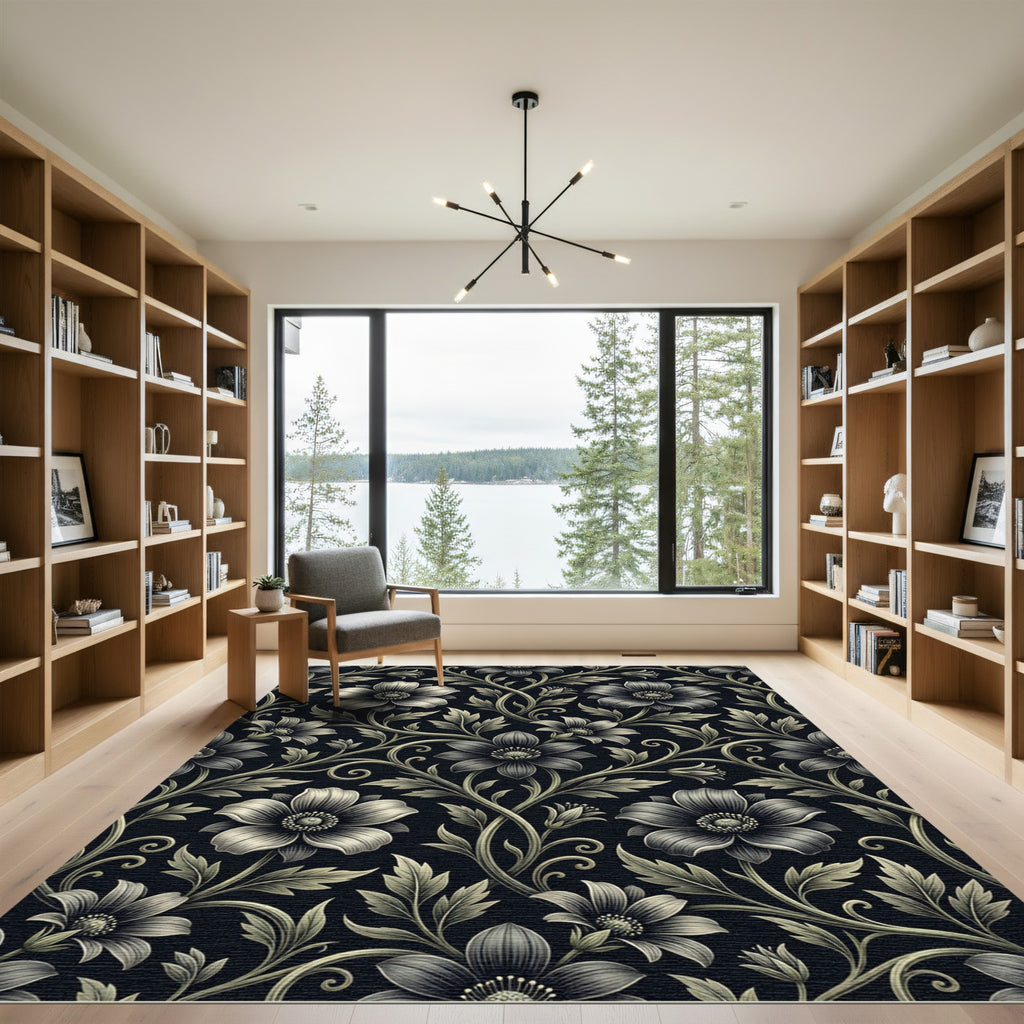 Antique Black Floral Vine Swirl Rug