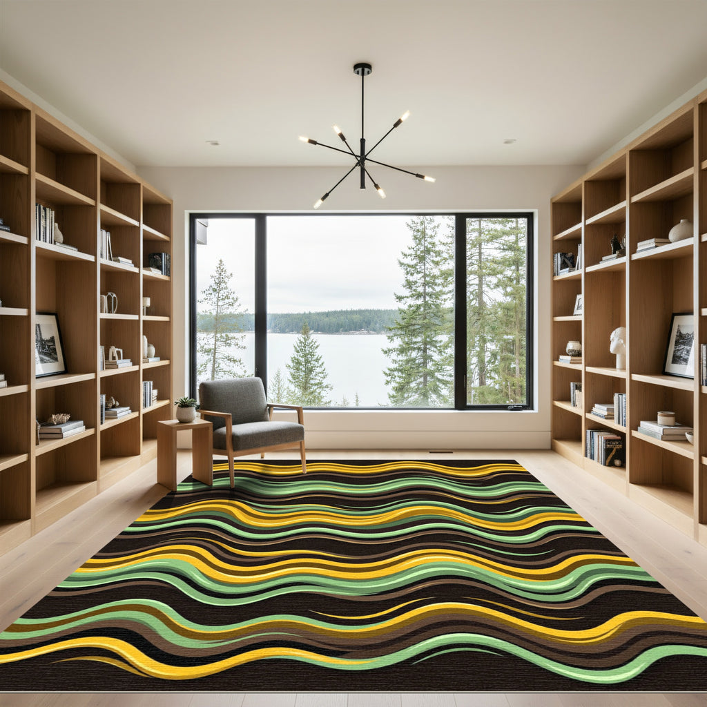 Abstract Golden Yellow and Sage Wave Rug