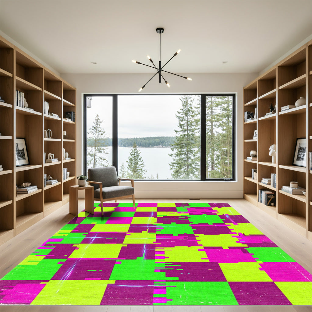 Electric Neon Glitch Checkerboard Abstract Square Rug