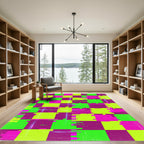 Electric Neon Glitch Checkerboard Abstract Square Rug