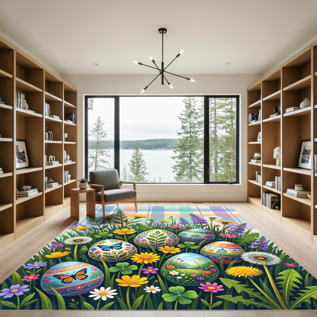 Pastel Plaid Meadow Floral Egg Rug
