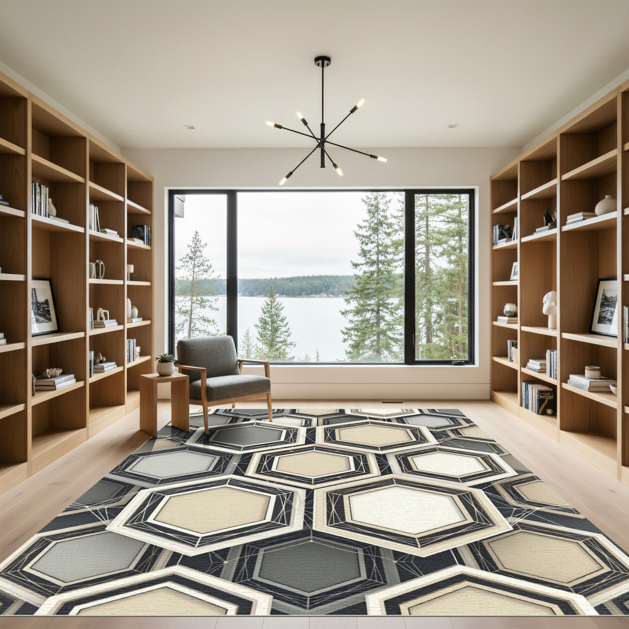 Sophisticated Monochrome Geometric Hexagon Abstract Rug