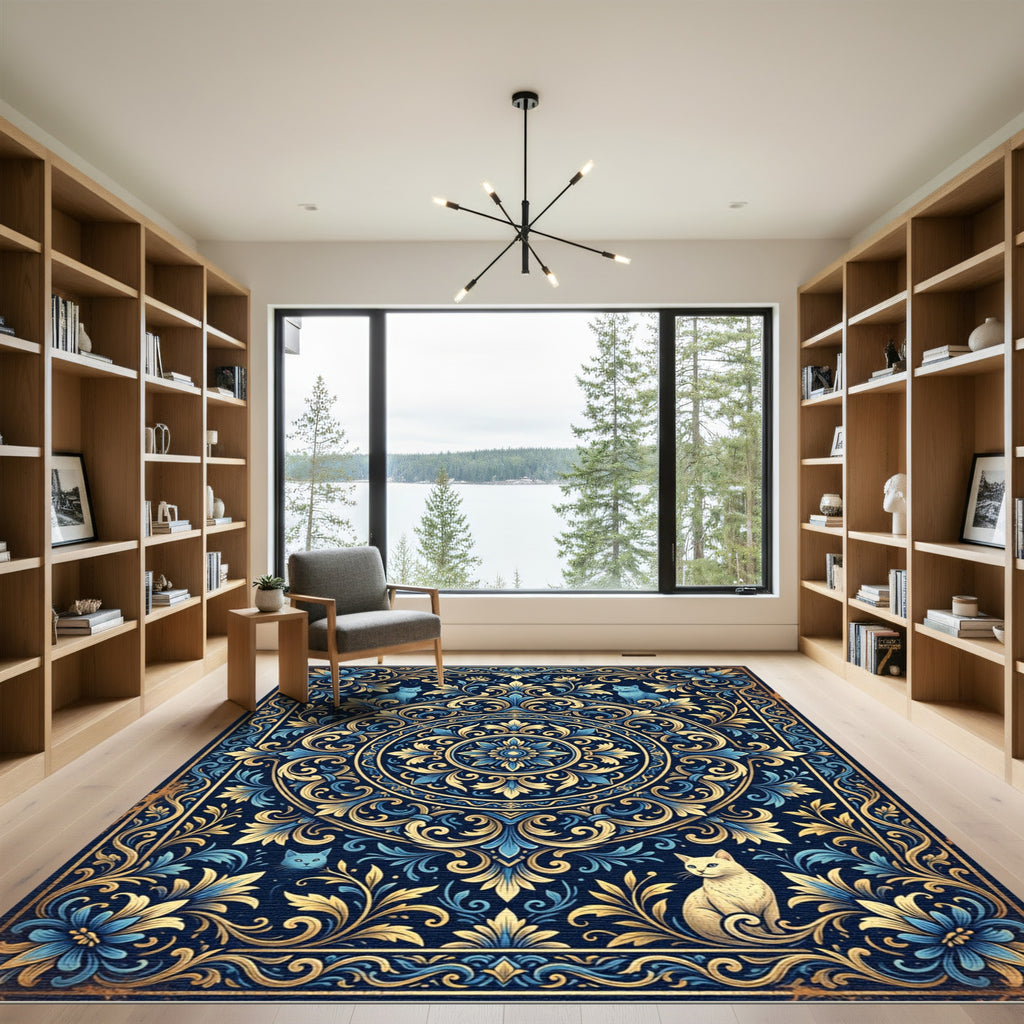 Elegant Navy Blue Floral Feline Medallion Rug