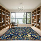 Elegant Navy Blue Floral Feline Medallion Rug