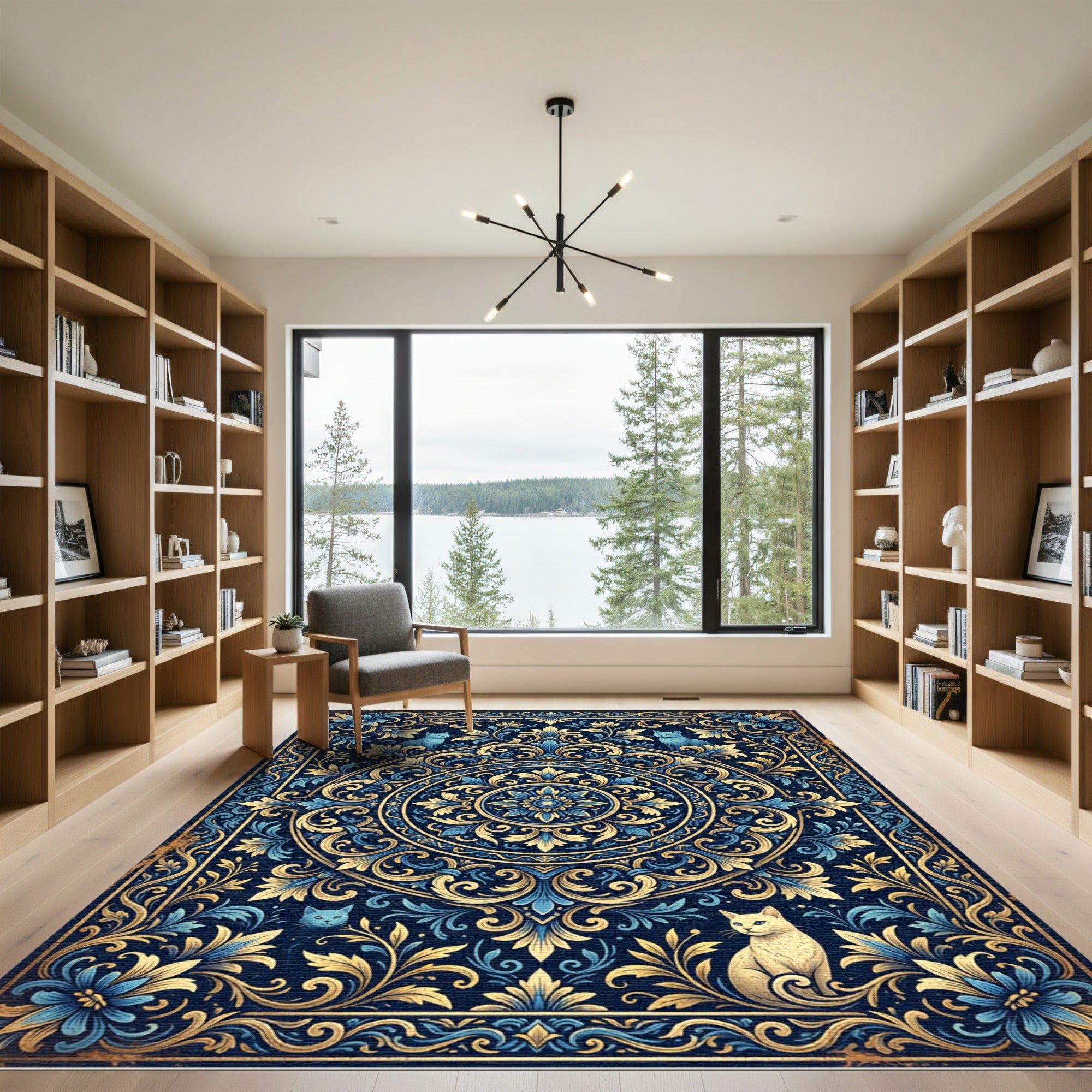 Elegant Navy Blue Floral Feline Medallion Rug