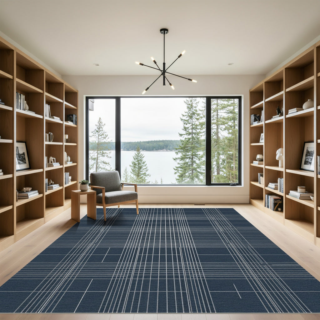 Navy White Grid Square Rug