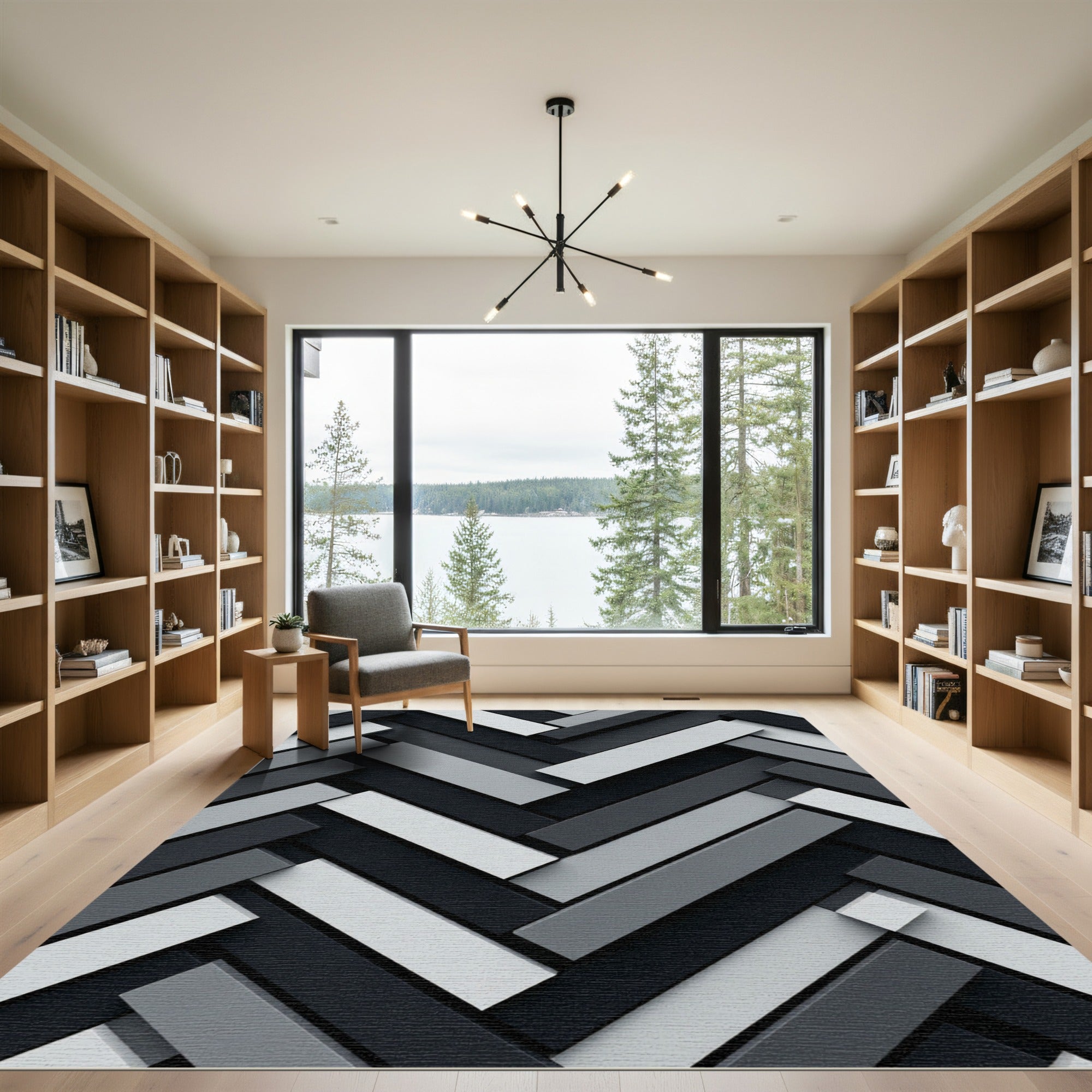 Monochrome Herringbone Interlocking Blocks Rug