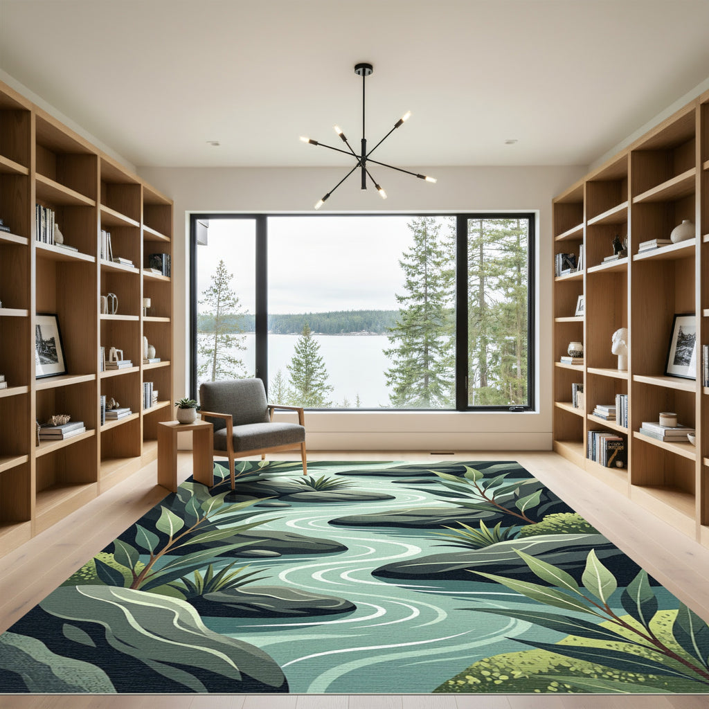 Serene River Stones Foliage Landscape Rug