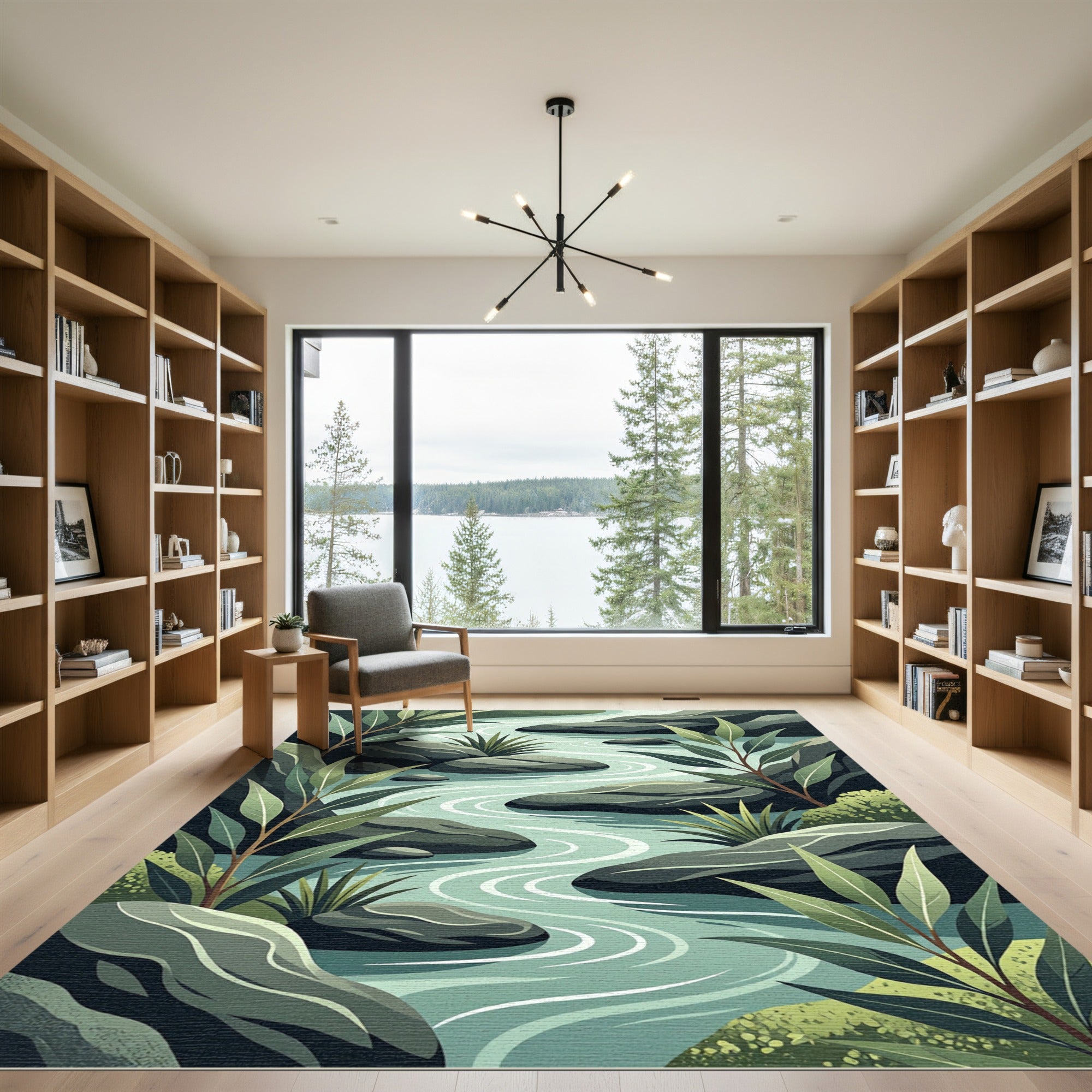 Serene River Stones Foliage Landscape Rug