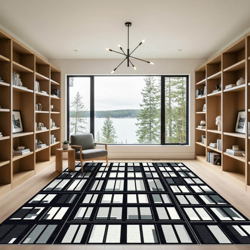 Modern Black White Geometric Grids Rug