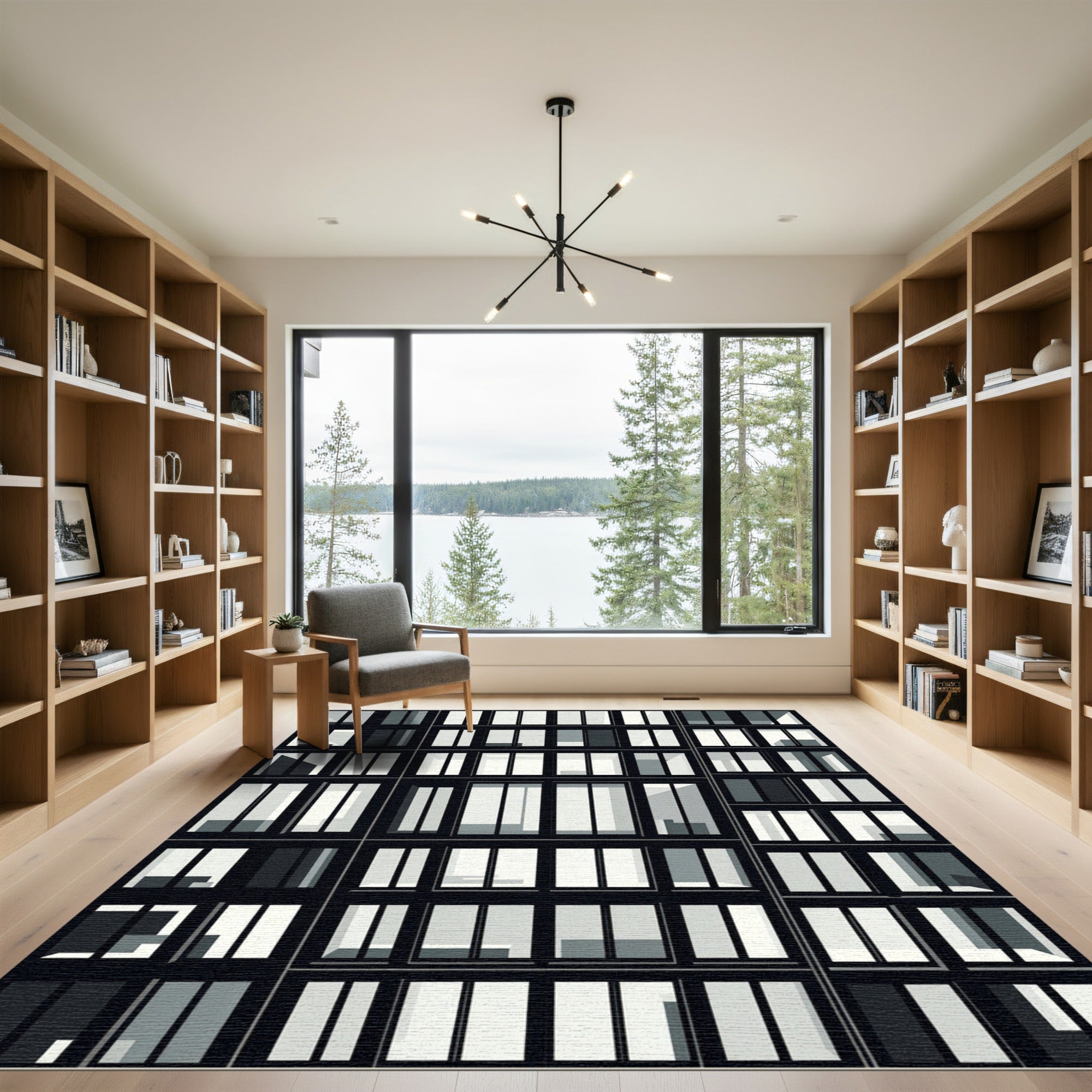 Modern Black White Geometric Grids Rug