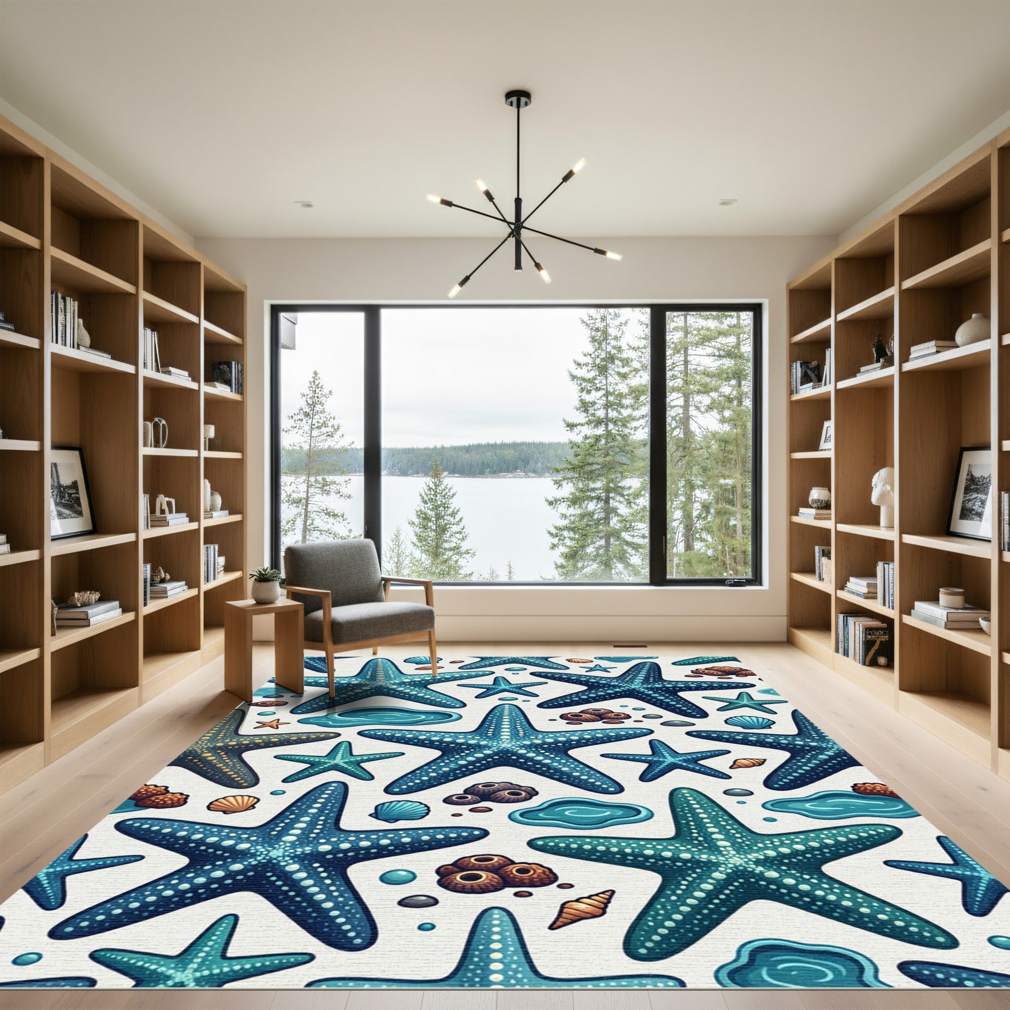 Teal Starfish and Seashell Coastal Ocean Rug