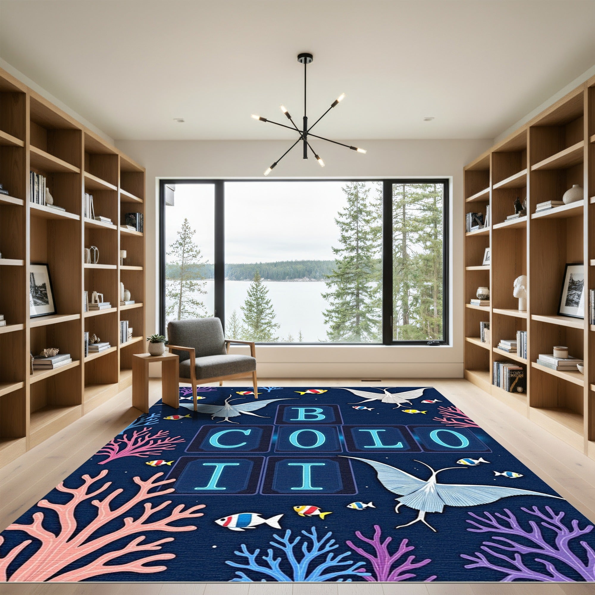 Whimsical Underwater Crane Fish Coral Rug