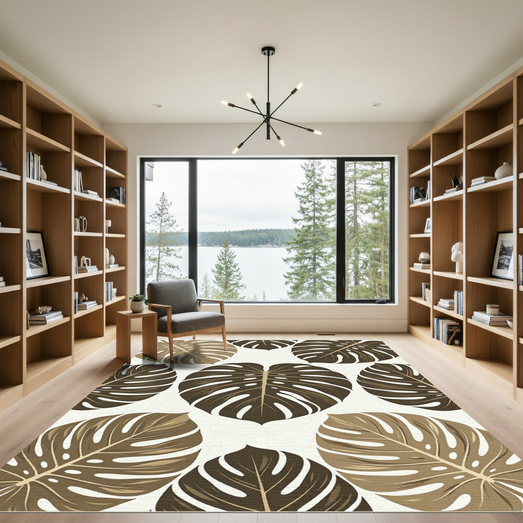 Earthy Brown Tropical Monstera Leaf Rug