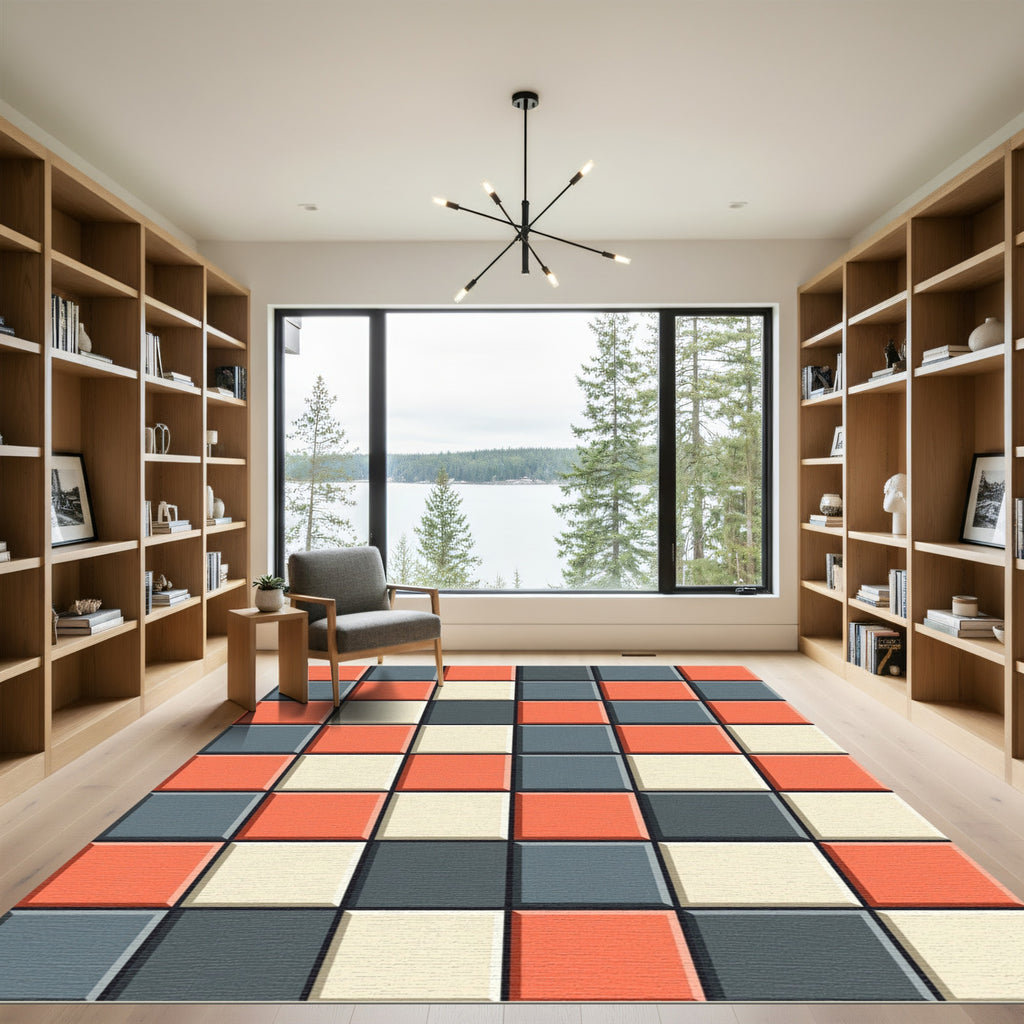 Modern Geometric Square Grid Color Block Rug