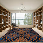 Ornate Blue and Gold Damask Medallion Rug