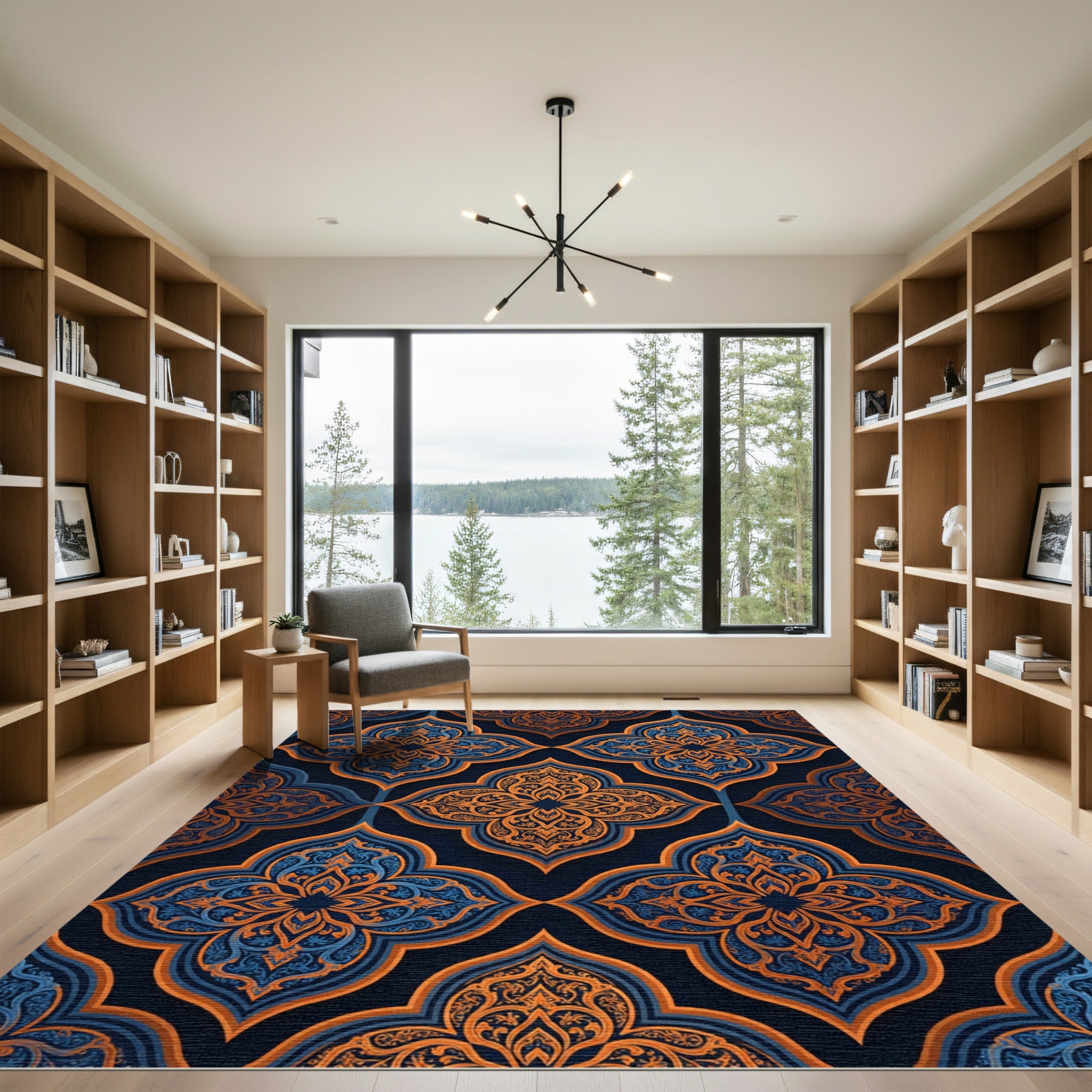 Ornate Blue and Gold Damask Medallion Rug