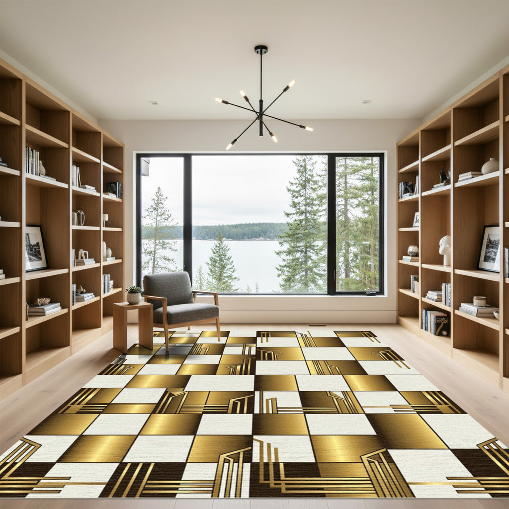 Golden Art Deco Geometric Checkerboard Rug