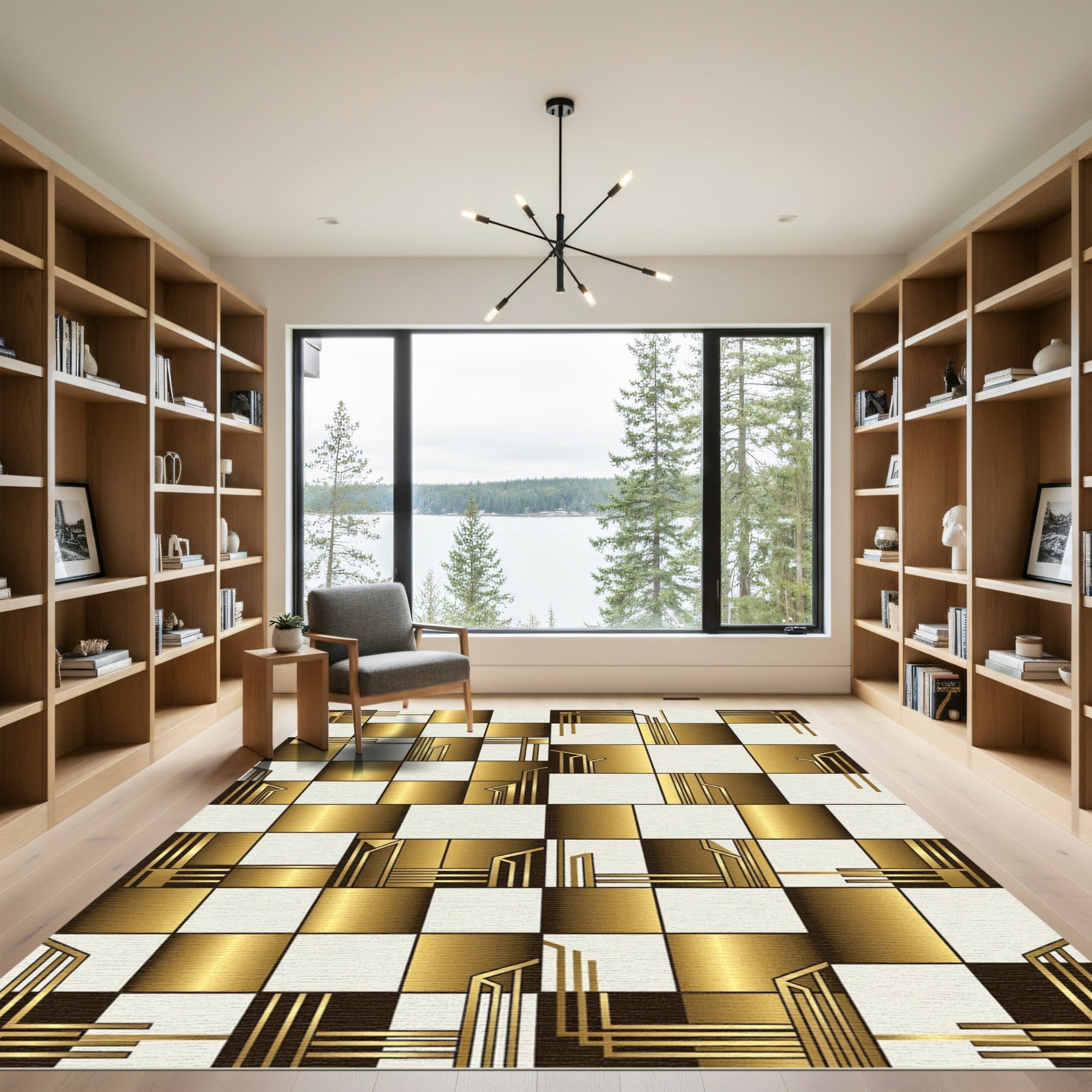 Golden Art Deco Geometric Checkerboard Rug