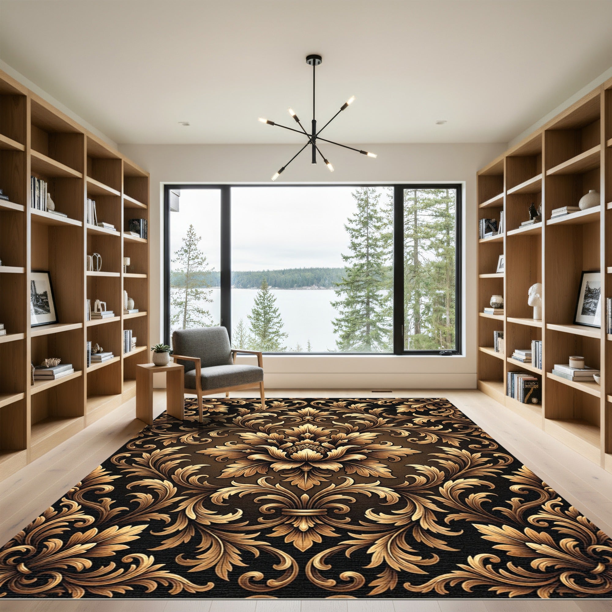 Aged Gold Floral Baroque Scroll Rug