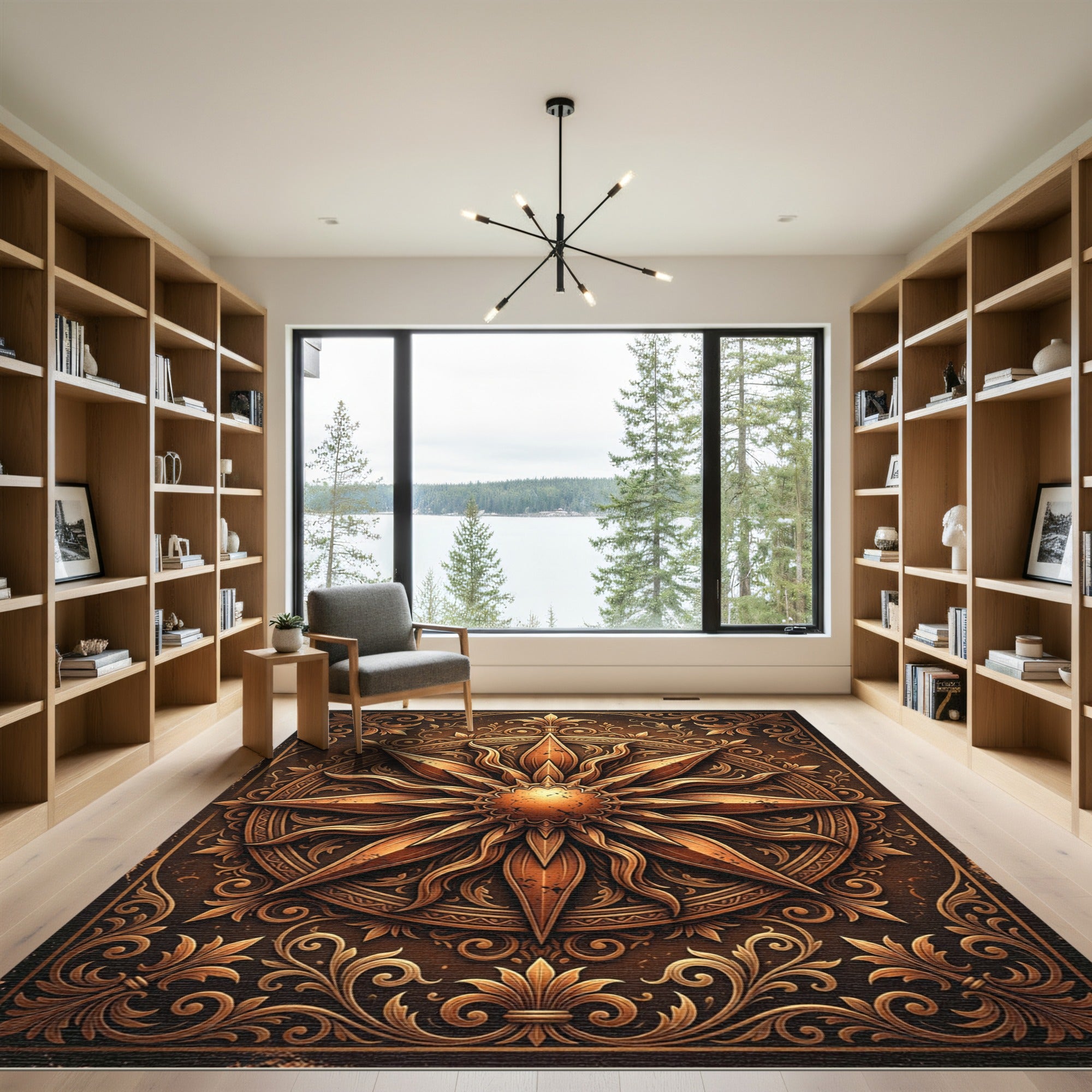Ornate Bronze Sunburst Celestial Medallion Rug
