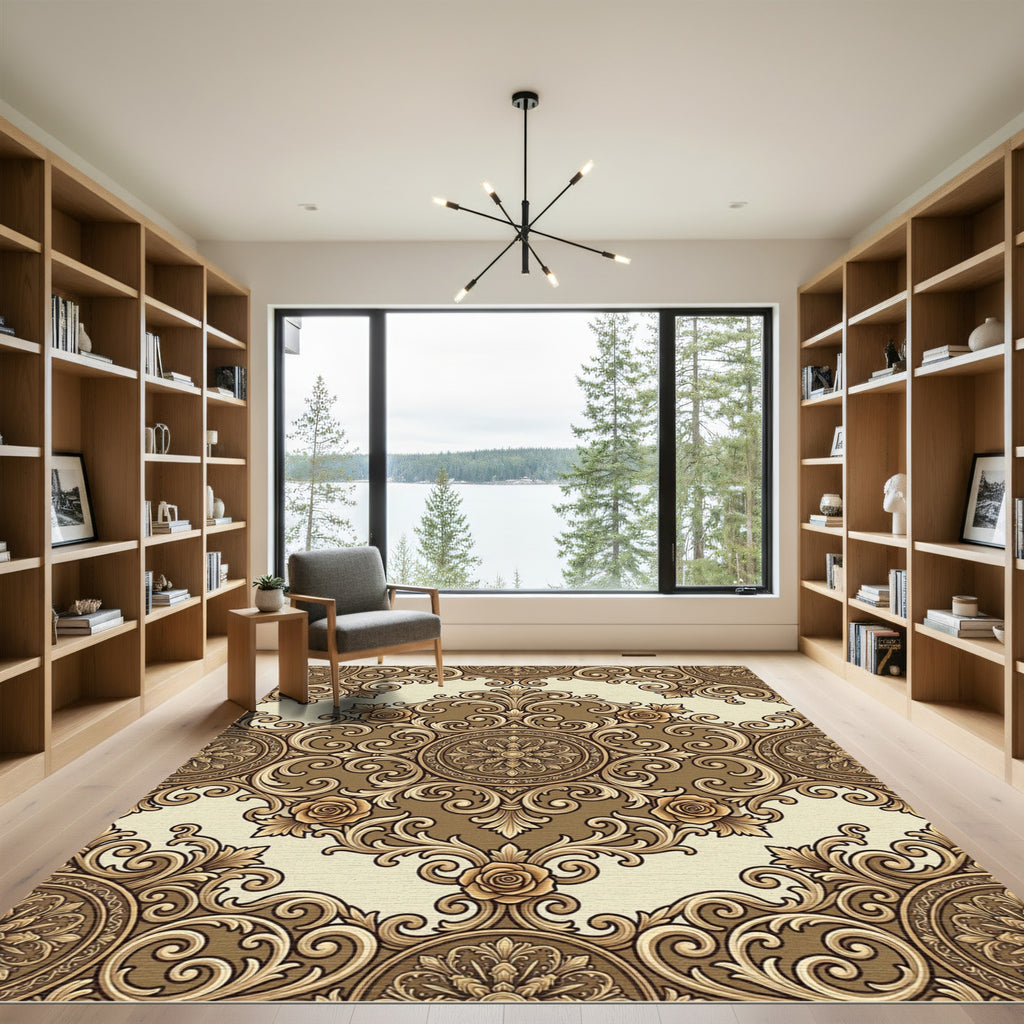 Golden Baroque Rose Scroll Rug