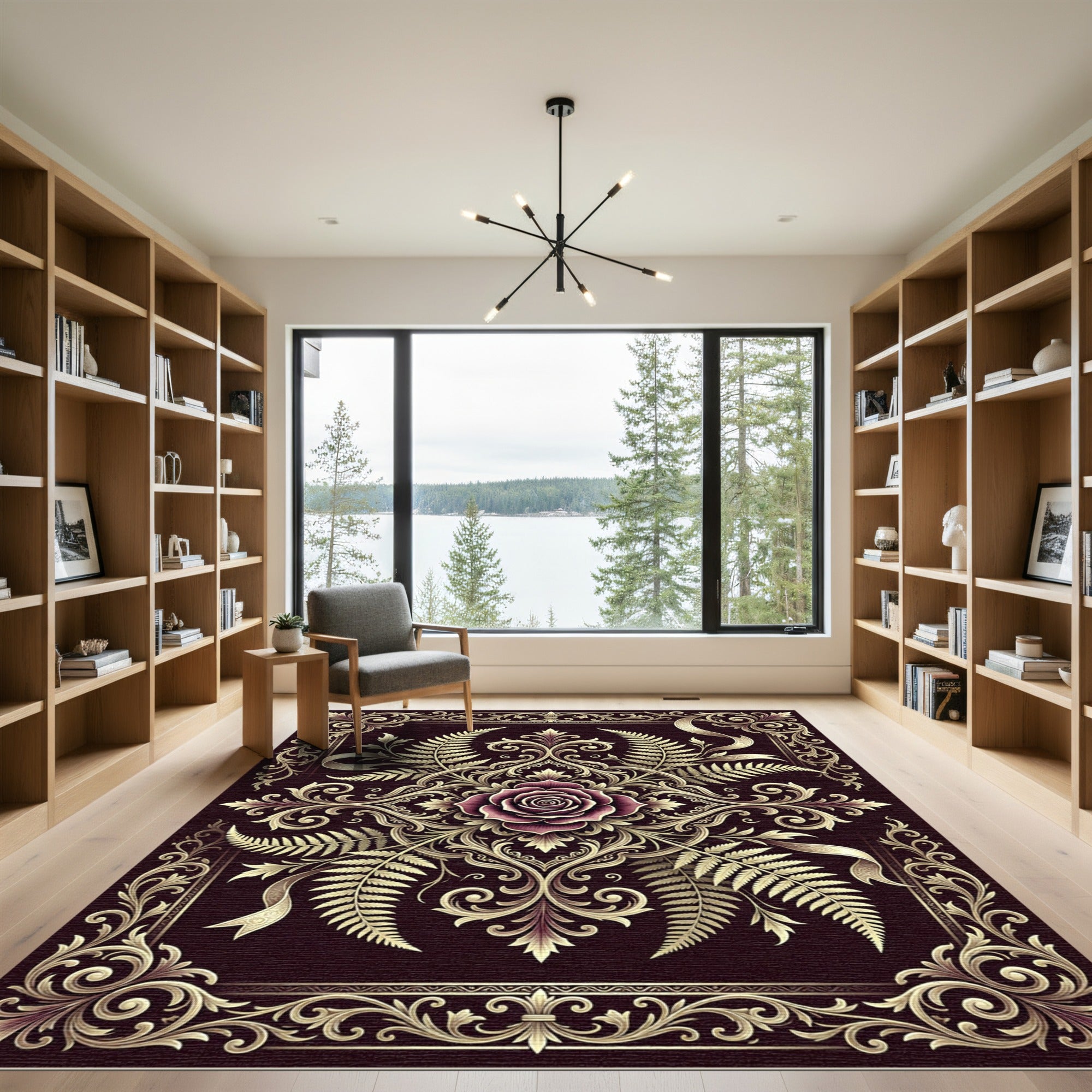 Elegant Burgundy Rose Gold Fern Medallion Rug