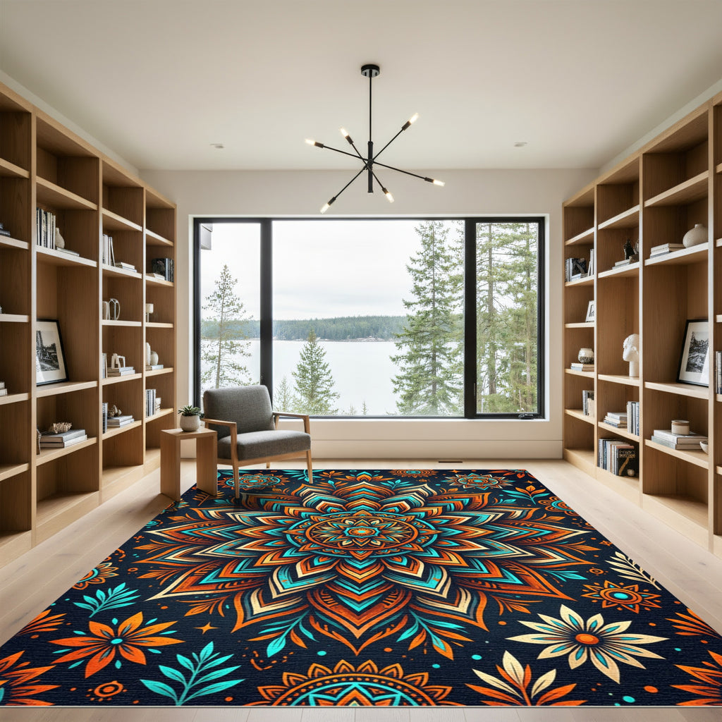 Vibrant Teal and Orange Floral Mandala Rug
